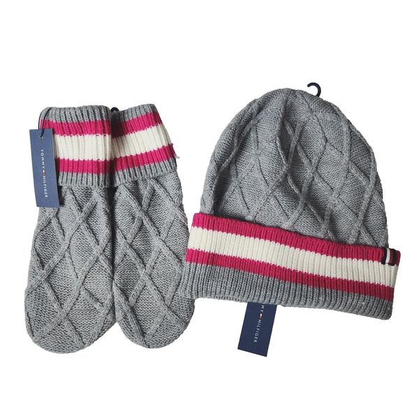 Tommy Hilfiger Women's Set of Mittens and Knit Beanie Hat Gray and Dark Pink